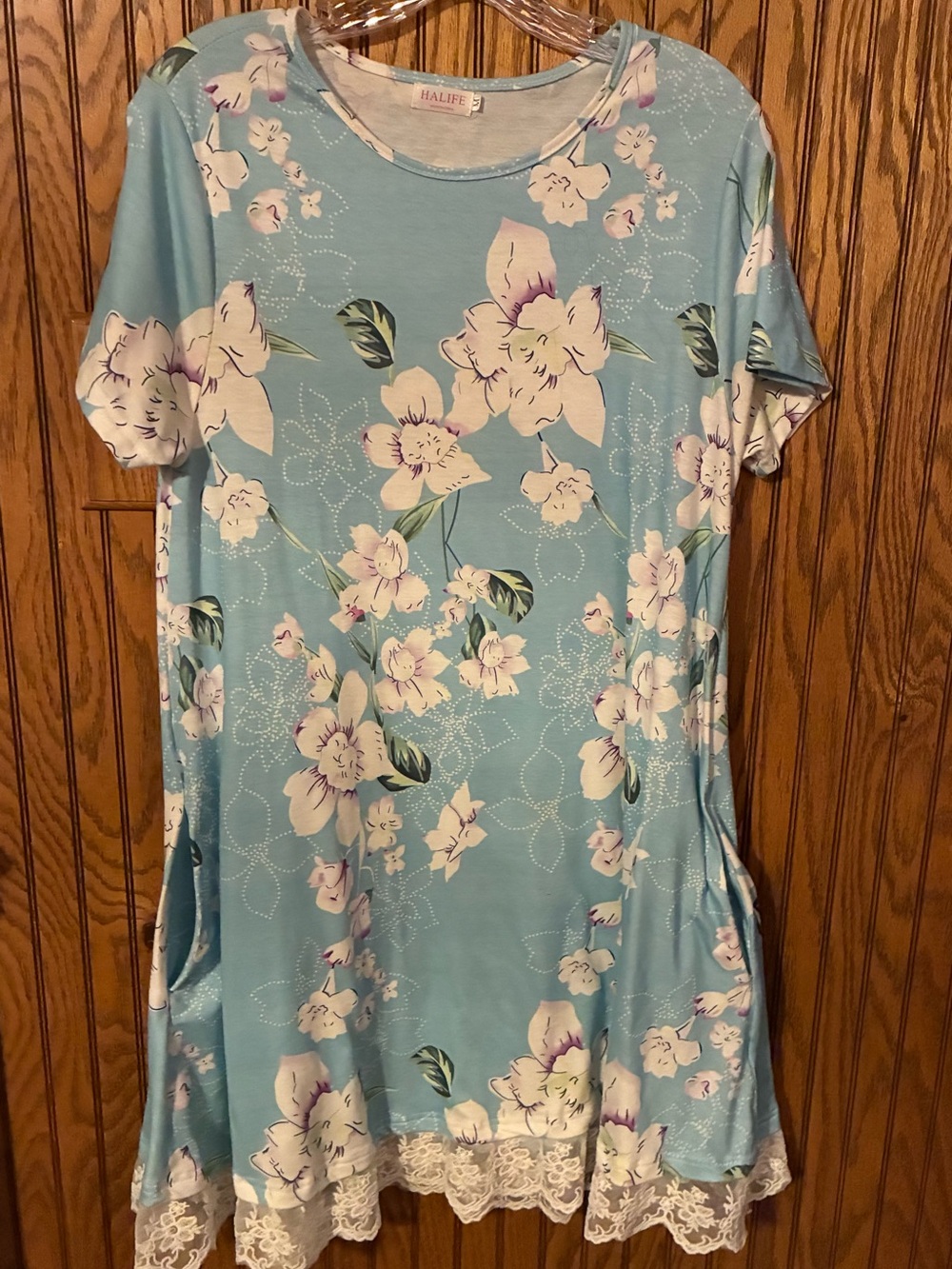 Halife Light Blue Floral Lace-Hem Nightshirt